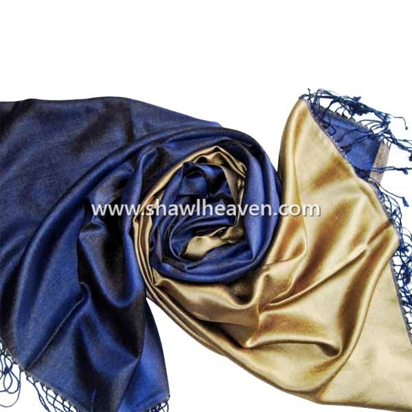 Dark blue gold two faced mulberrry silk stole